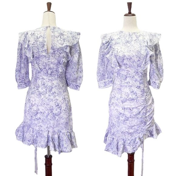 NWT Dark Pink Puff Sleeve Ruched Mini Dress in Lavender Rose Print Size 4 NEW - Picture 16 of 16